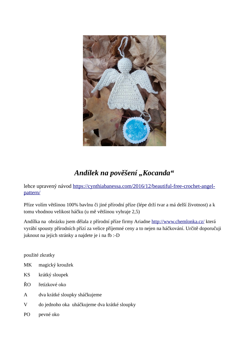 Strana 1 z návodu andílek na pověšení Kocanda