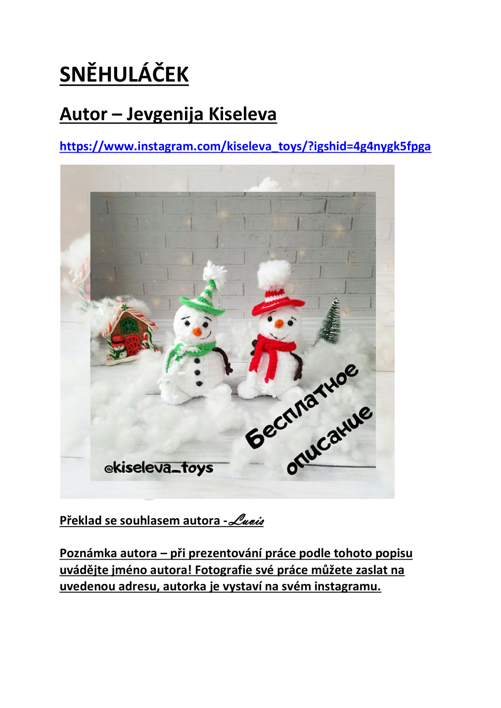 Strana 1 z návodu Sněhuláček Kiseleva toys