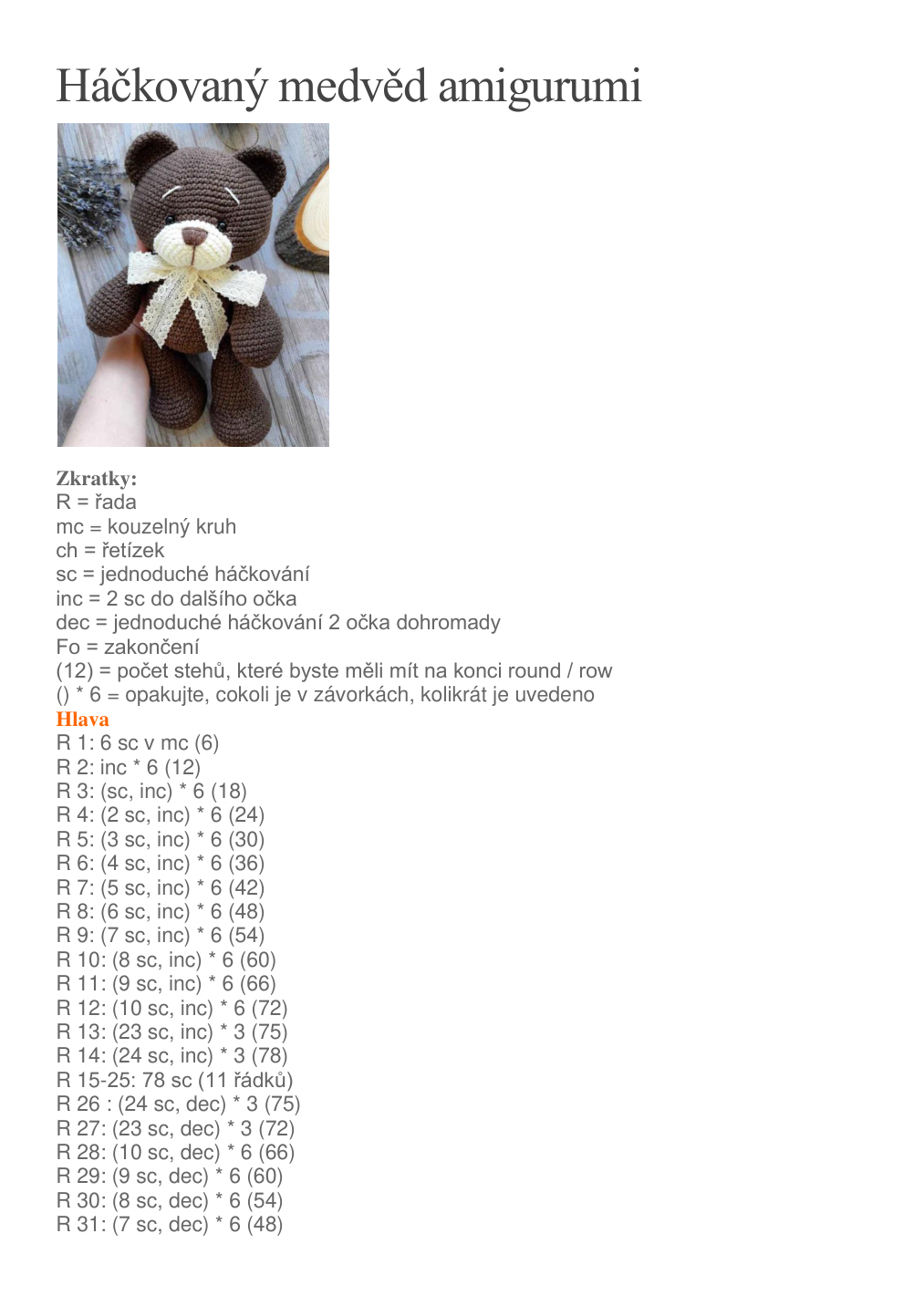 Strana 1 z návodu 1.Háčkovaný medvěd amigurumi VYTIŠTĚNO